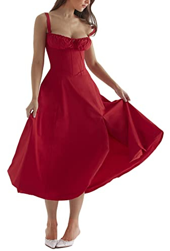 shownicer Robe Corset de Plage d'été, Robe Bustier Imprimée Robes Longues Fendues sans Manches à Bretelles Spaghetti pour Femmes A Rouge M