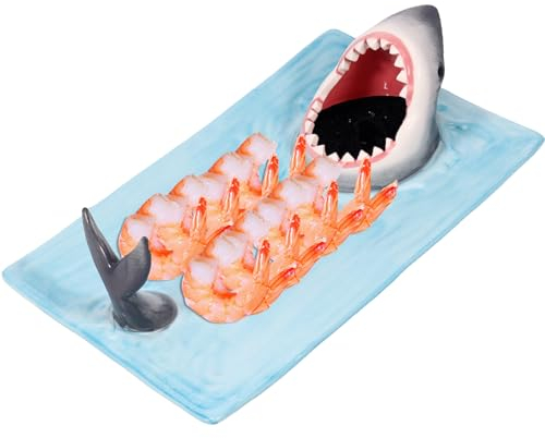 Shark Sushi Plate Hand-Painted Ceramic Shark Sushi Platter 3D Hungry Shark Shape Food Snack Cheese Board with Dipping Plate Microwave Oven Dishwasher Safe Gift for Sushi Enthusiasts!