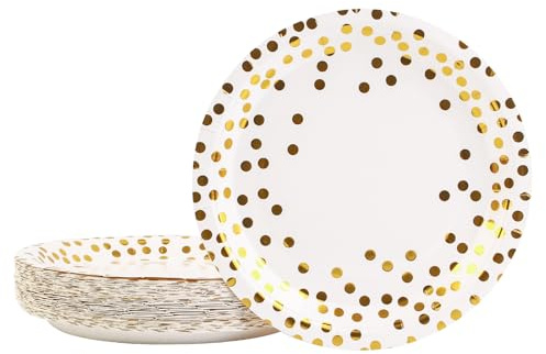 DHAIQC 50 st. vitguld papperstallrikar 23 cm, engångstallrikar färgglada festtallrikar festservis set för födelsedag bröllop årsdag picknick grillar (vitt guld, 9 tum)