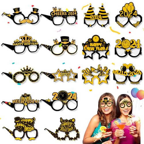 16 Piezas Gafas de Nochevieja 2024, Copas de Fiesta Decoración Nochevieja 2024, Feliz Año Nuevo Gafas Con Diadema, Para Accesorios Fotográficos de Decoración de Fiesta de Nochevieja de Año Nuevo 2024