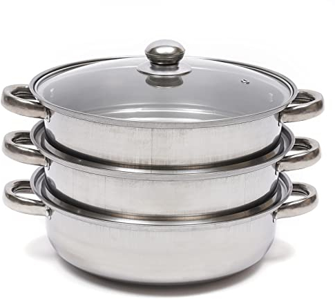 CLEADONG Cuiseur Vapeur à 3 Couches Avec Couvercle en Verre Ventilé, 28 cm, Insert Vapeur, Casserole en Acier Inoxydable pour Plaques de Cuisson à Gaz et Induction