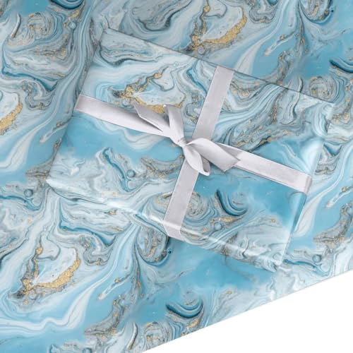 Marble Wrapping Paper – Gift Wrap with Blue and Gold Effect Swirl Design – For Men, Women – For Birthday, Christmas, Anniversary, Wedding – by Dyefor - 2 Sheets (60cm x 65cm)