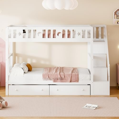 Idemon Lettino 90 x 200 cm, letto a castello in legno massello con scala di sicurezza, scala di archiviazione, due grandi cassetti e rete a doghe, bianco