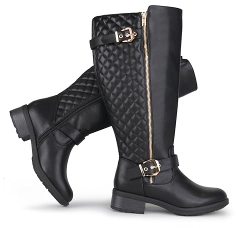 Chicblooms Bottes d'équitation pour femme avec mollet extra large, hauteur genou, double boucle rétro, style chic, bottes d'automne, Noir , 39.5 EU