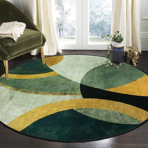 Tapis Design Runder Teppiche Wohnzimmer, Smaragdgrün Senfgrau, Halbkreismuster Waschbare Teppiche, rutschfest Teppich für Wohnzimmer, Schlafzimmer, Kamin, 160 cm