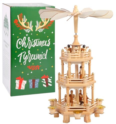 YeloZen Pirámides de Navidad con 6 portavelas de 45,7 cm, carrusel de 3 niveles, juego de belén de madera