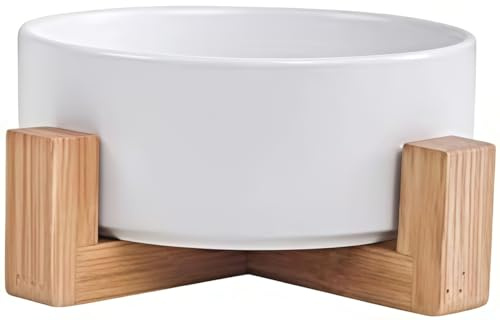 Keramik Hundenapf und Katzennapf mit Holzständer, Futter- und Wassernapf Set für kleine Katzen und große Hunde, Set für 850 ml rutschfeste und auslaufsichere Haustiernäpfe (Weiß)