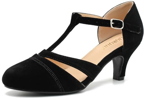 LIURUIJIA Women's T-Strap Mary Jane Pumps - Vintage Low Kitten Heels for Dance, Retro Party, or Cosplay Black Velvet 8