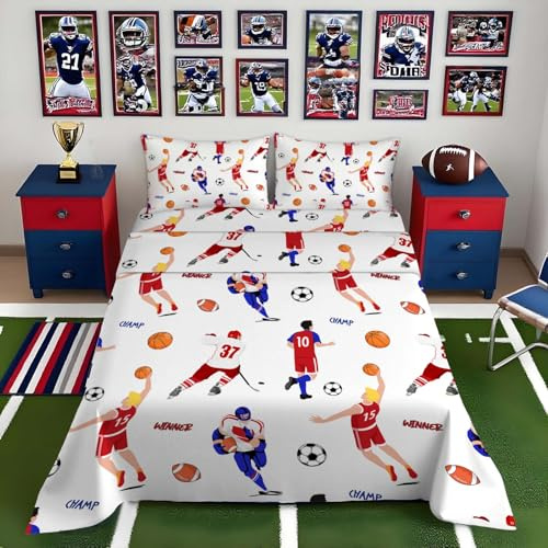 NiuOne Football Sheets Kids Full Size Bed Sheets 4Pcs Sport Baseball Football Bedding Full 3D Printed Washable Machines Sheet Set