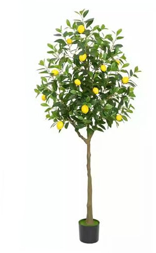 Konstgjord gul citronträd falska hus, konstgjort citronträd med stockar, konstgjorda växter som verkliga, falsk växt inomhus och utomhus dekoration (130 cm/4,3 ft)