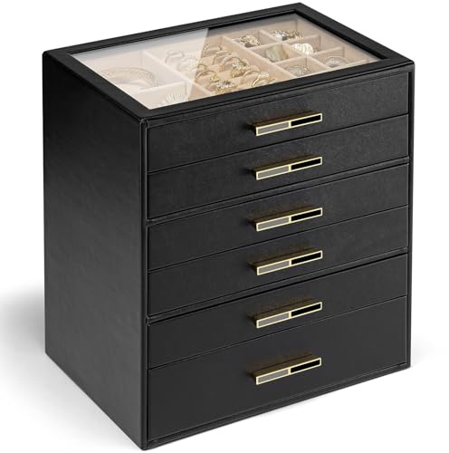 Vlando Jewellery Box for Women, Glass Lid Jewellery Organiser with 6 Drawers for Ring, Necklace, Earring, Bracelet,Gift for Women,Grey