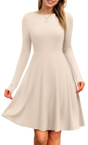 PLOKNRD Vestido de Manga Larga para Mujer, Cuello Redondo hasta la Rodilla Elegante y Casual para Otoño e Invierno (Beige,L)