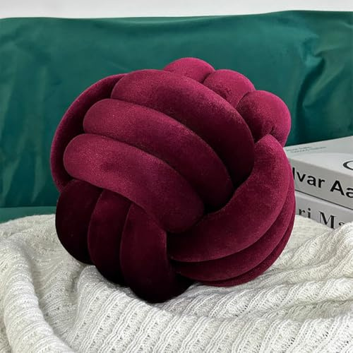 chilsoby Knot Pillow Ball, Round Throw Pillow Soft Home Decorative Pillows, Plush Handmade Knotted Pillows Velvet Round Cushion for Couch Sofa Bed Livingroom (Wine Red, 11 inch)