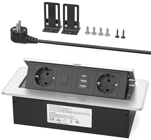 Sänkbart bordsuttag USB C PD20W med strömbrytare, inbyggt grenuttag med 2 USB A, infällbart uttag i aluminium, kök, 2 500 W/10 A, 1,8 m kabel, silverfärger