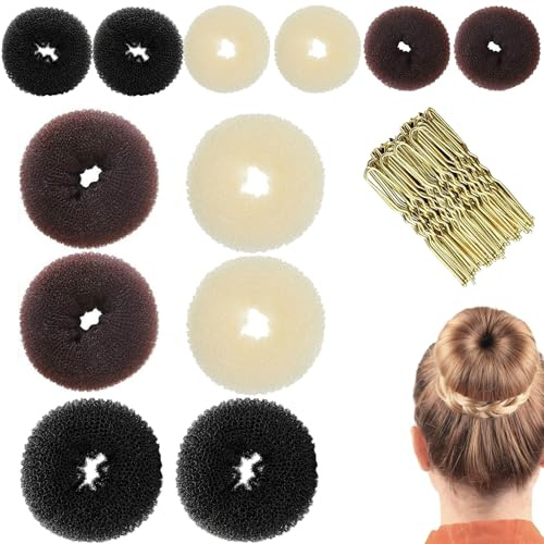 12 Pack Hair Donuts for Buns, 25 Pcs U Shaped Hair Clips, Nylon & Steel Hair Doughnut Bun in Brown, Black, Beige Small (6cm),Medium (8cm) Bun Donuts for Hair Styling, Donuts Maker for Dancer