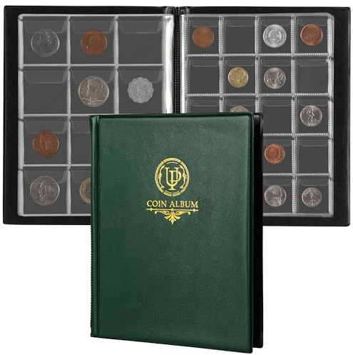 160 Pockets Coin Album - 10 Sheets Mixed Sizes Coin Holder 45x43/33x33 mm Collecting Grid for Pounds Pence Cents (Green) CS48160GR