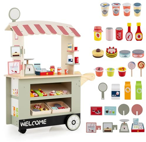 GLACER Grocery Store Pretend Play, Wooden Marketplace Toy Playset w/30 PCS Play Food Accessories, Cash Register & Scale, Market Stand w/Wheels & Beverage Rack, Play Store for Boys & Girls (Green)
