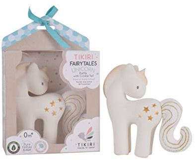 Tikiri 8595601- Kautschuk Babyrassel, Einhorn Leuchtender Stern mit Knister-Schweif, Naturkautschuk, Rassel für Babys und Kleinkinder ab 0+ Monaten
