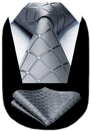 HISDERN Mens Ties for Men Grey Plaid Tie Handkerchief Classic Men's Tie with Pocket Square Set Formal Necktie Silver Gray Wedding Business Ties Set