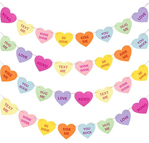 Whaline Valentines Conversation Heart Banner with 32Pcs Hearts 32.8ft Candy Color Heart Garland Heart Sayings Pre-Strung Banners for Anniversary Wedding Birthday Party Valentines Decor(2 Strings)