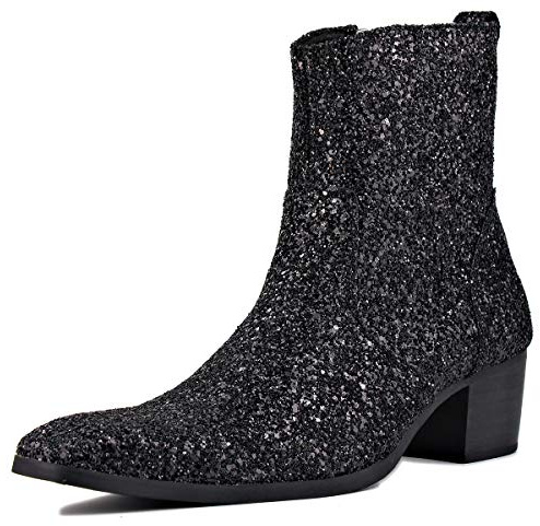 osstone Hommes Chelsea Bottines En Cuir Paillettes Noires Western Cowboy Bottes avec Fermeture Éclair Latérale Talon Robe Bottes OS-JY022-US-10