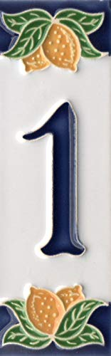 Numéros de maison, chiffres et lettres en céramique italienne, motif citron, dimensions du carreau : 10 cm x 3,5 cm (numéro 1)