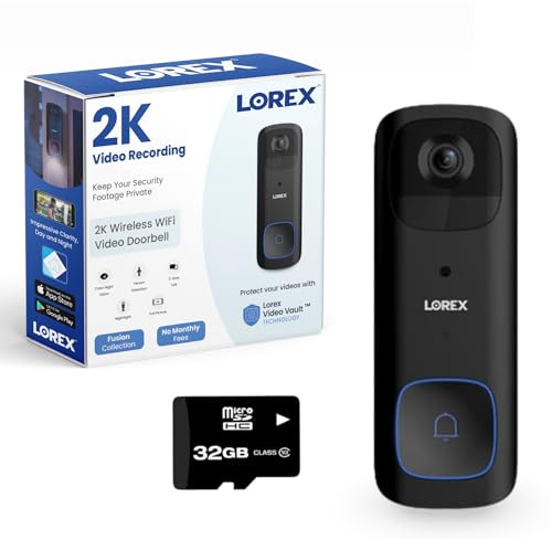 Lorex 2K Wireless WiFi Smart Video Doorbell Camera w/No Subscription Fee - Smart Security Lighting, Night Vision, Battery-Powered, Motion Detection (Black)