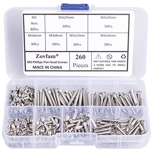 M3 Phillips Flat Head Screws Countersunk Bolts Nuts 304 Stainless Steel Nuts and Bolts Assortment Kit M3 x 6mm/ 8mm/ 12mm/ 16mm/ 20mm/ 25mm Metric Bolt Kit 260Pcs