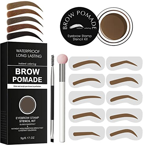 Ögonbrynsstämpelstencil-kit – för vattentät ögonbrynsmakeup, ögonbrynsstämpel, trio-kit med svampplikator, dubbel ögonbrynsborste, 10 ögonbrynsmallar, vattentät ögonbrynspomad