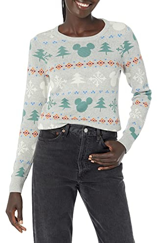 Amazon Essentials Disney | Marvel | Star Wars Women's Lightweight Long Sleeve Cotton Blend Knit Crewneck Jumper, Mickey Fair Isle - Womens, L