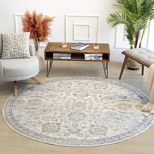 Livabliss Doha Teppich waschbar in der Waschmaschine - Vintage Teppich waschbar für Wohnzimmer 200 cm Rund, Schlafzimmer, Küche - Orientalischer Boho Teppiche, Teppich Groß in Elfenbein, Grau, Blau