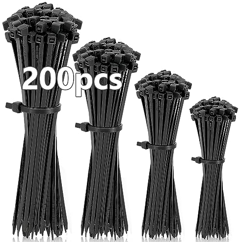 Kabelbinder Schwarz 200 Stück,100/150/200/300 mm(je 50 Stück), Verschiedene Größen Super Haltbar Selbsthemmend Kabelbinder für Kabelmanagement, Gartenarbeit, Wohnen und Werkstätten