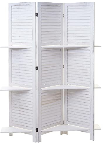 Paravent cloison de séparation 3 Panneaux avec étagères 170x125cm Aspect Shabby en Bois Blanc 04_0003952
