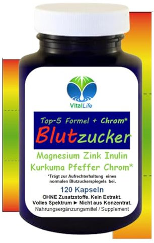 Blutzucker Komplex TOP-5 Formel + CHROM* 120 KAPSELN für NORMALWERTE UND normalen Blutzuckerspiegel + MAGNESIUM - ZINK - INULIN - KURKUMA - PIPERIN. OHNE ZUSATZSTOFFE. 27355-120