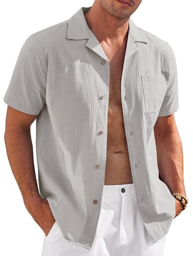 COOFANDY Mens Casual Cotton Linen Shirt Short Sleeve Button Up Shirts Summer Beach Top Light Gray