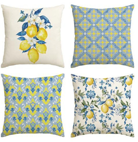 Artoid Mode Fodere per cuscino Limone Fiori Floreale Set da 4, 45x45 cm, Fodere Decorative per Cuscini Estive, Fodere per Divano e Soggiorno