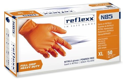 Guanti Nitrile Reflexx N85, Guanti Monouso Nitrile Arancioni Full Grip (200 Pezzi) Guanti Usa e Getta per Lavori Pesanti: Meccatronico, Carrozziere, 100% Latex Free (XL)