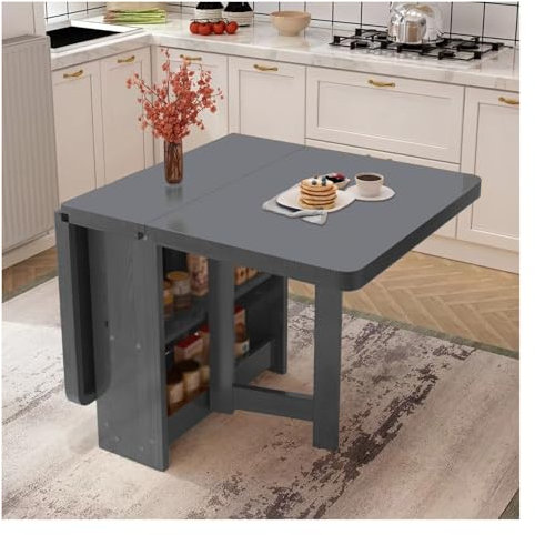 LFIEVO Solid Wood Folding Dining Table with Double Storage Rounded Corners Rectangular Kitchen Dining Table Folding Dining Table for Small Spaces with Wheels Folds Into 3 Forms