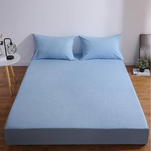 Whoiy Deep Pocket Fitted Sheets Twin XL Solid Color, Terry Cloth Stripes Pattern Blue Mattress Protector for 12 inch Mattress Soft 39x79 Bottom Fitted Sheet