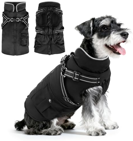 Woiil Hundemantel Hundejacke Wintermantel für Grosse Hunde, Hundemantel Winter mit Geschirr, Hunde Wintermantel Ärmellose Baumwolle Gepolsterte Weste Wasserdicht Warme Reflektierend, Schwarz L