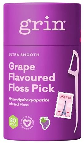 Grin Ultra Clean Adult Tooth Floss Picks – Fruity Dental Floss Sticks with Grape Flavour - Gentle on Tight Teeth - Convenient Handles for Daily Oral Care - 80pk Canister