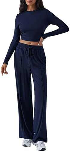Sukiglam Tuta da Ginnastica Donna Manica Lunga Casual 2 Pezzi Completi Sportiva Classico Girocollo Top Corto e Pantaloni a Gamba Larga con Tasche Lounge Set Elegante Tute per Jogging Y2K Streetwear
