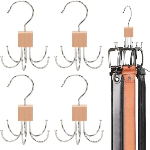 4Pcs Belt Hanger for Wardrobe, Tie Rack for Hanging and Storage, Features 6 Hooks and 360° Rotation, for Clothing, Belts, Ties, Bags, Scarves, Handbags, Hats, and Socks (Wood Color)