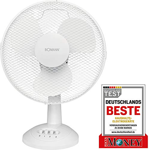 Bomann Tischventilator VL 1138 CB, oszillierender Standventilator mit Ø30 cm Durchmesser, klein, leise, Ventilator für Büro/Schreibtisch/Schlafzimmer/Camping, Raumventilator 4-Stufenschalter, weiß