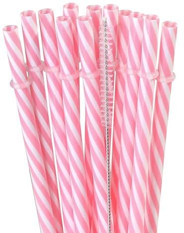 Dakoufish 12 Piece 9 Inch Reusable Plastic Thick Drinking Straws BPA Free Mason Jar Pink small Stripe Straws (9inch Pink)