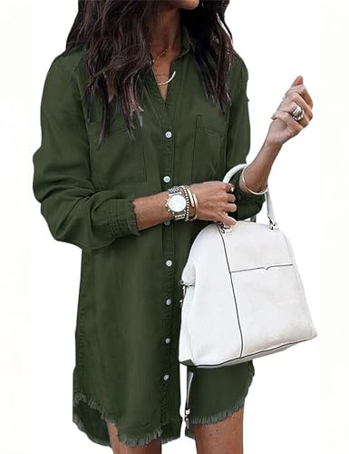 Zilcremo Women Denim Shirt Dresses Long Sleeve Distressed Jean Dress Button Down Casual Tunic Top ArmyGreen M