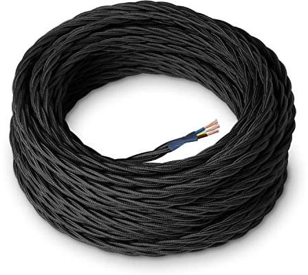 Amarcords - Cavo elettrico tessile colore NERO, trecciato, seta, 10 metri, con messa a terra 3x0,75mm - Filo rivestito in tessuto colorato vintage per lampade lampadari applique e abat jour.