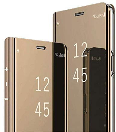 Jacyren Kompatibel mit Samsung Galaxy A21S Hülle, Leder Hülle Flip Case Galaxy A21S Spiegel Handyhülle Schutzhülle 360°PC Transluzent View Miroir Stoßfest Cover Ständer Funktion Tasche A21S (Gold)