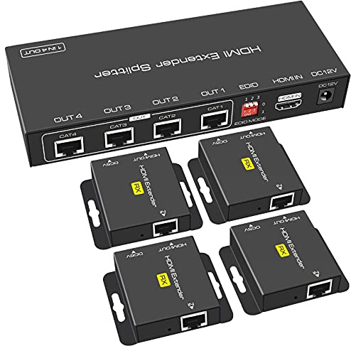 VEDINDUST HDMI Splitter Extender 1 in 4 out 50m 165ft über Cat5e / 6/7 Ethernet HDMI Transmitter Receiver Super Setting EDID 1080p POC (benötigt nur TX Stromversorgung)
