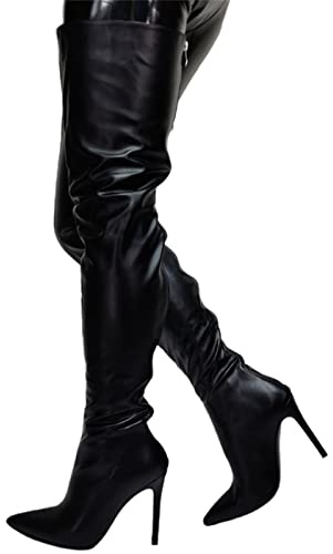 BeAUZQ Mujer Tacones de Aguja con Cremallera en la Espalda Botas sobre la Rodilla Punta Puntiaguda Botas Altas hasta el Muslo Fetiche Tacones Altos Sexy Stripper Club Pole Dance Zapatos,Negro,46